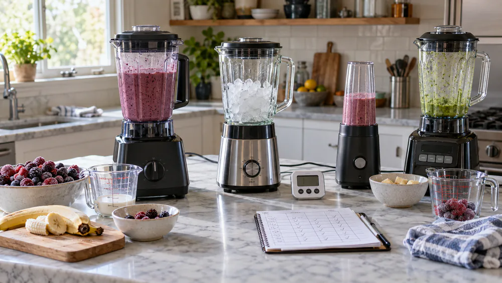 A test kitchen counter with several budget blenders side by side, one blending a frozen fruit smoothie, another showing a glass jar of crushed ice, with a timer and notes in the frame.