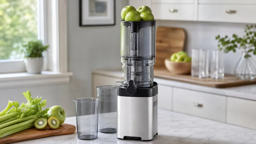 Four whole apples resting on top of the 5.4-inch self-feeding chute of an AMZCHEF cold press juicer, showing the wide opening.