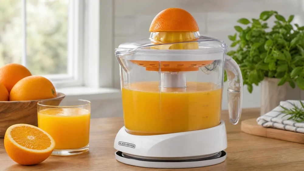 A BLACK+DECKER CJ625 citrus juicer with an orange half on the large reamer, the 32 oz clear pitcher full of fresh juice below.