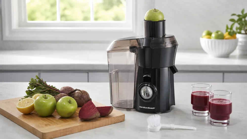 A whole apple being fed into the 3-inch Big Mouth chute of a Hamilton Beach 67601A centrifugal juicer, no knife work needed.