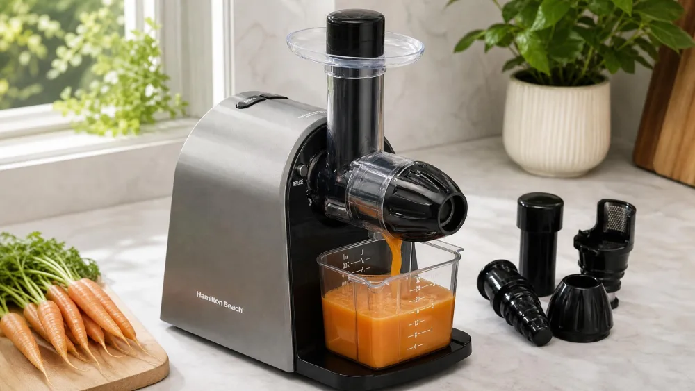 A Hamilton Beach 67951 cold press juicer mid-batch with carrots, its 24 oz juice cup filling beside the machine.