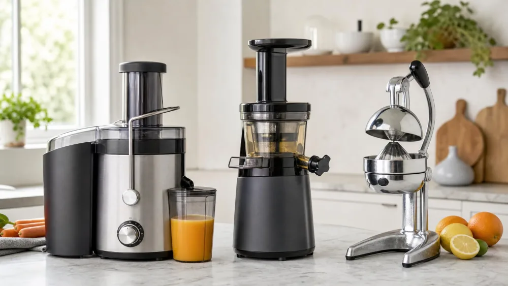Three juicer types side by side on a kitchen counter: a centrifugal machine, a vertical cold press juicer, and a citrus squeezer.