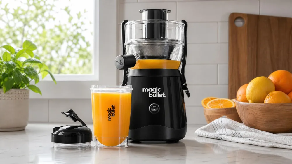 A magic bullet Mini Juicer on a small counter juicing into its 16 oz cup, the twist-on to-go lid resting beside it.