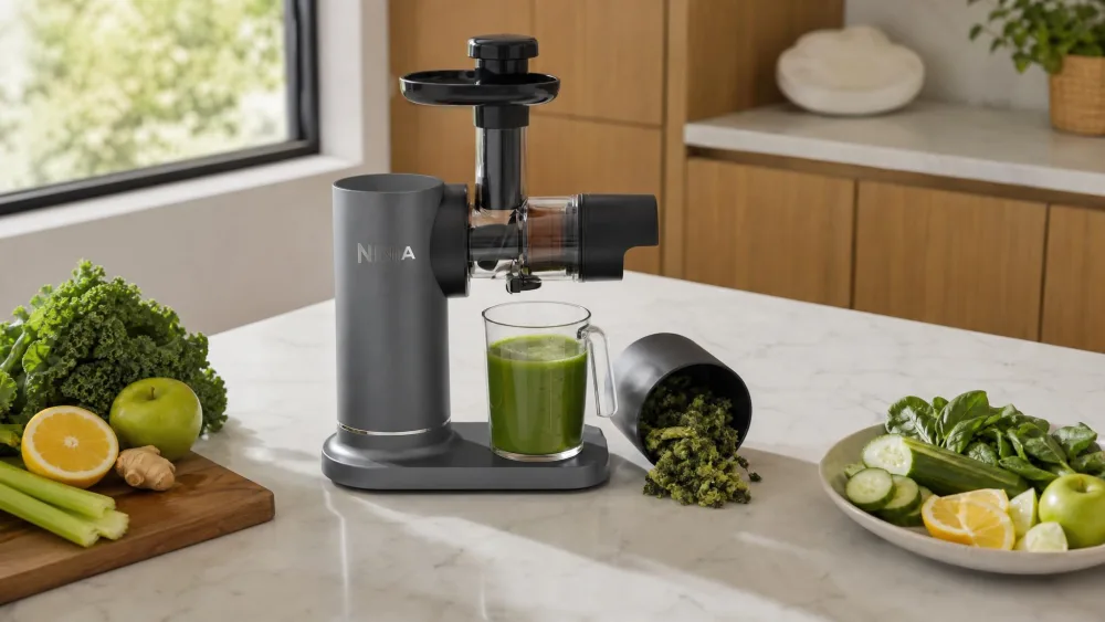 The Ninja NeverClog Cold Press Juicer JC151 with its pulp container tipped upside down, dry crumbly pulp with no juice dripping.