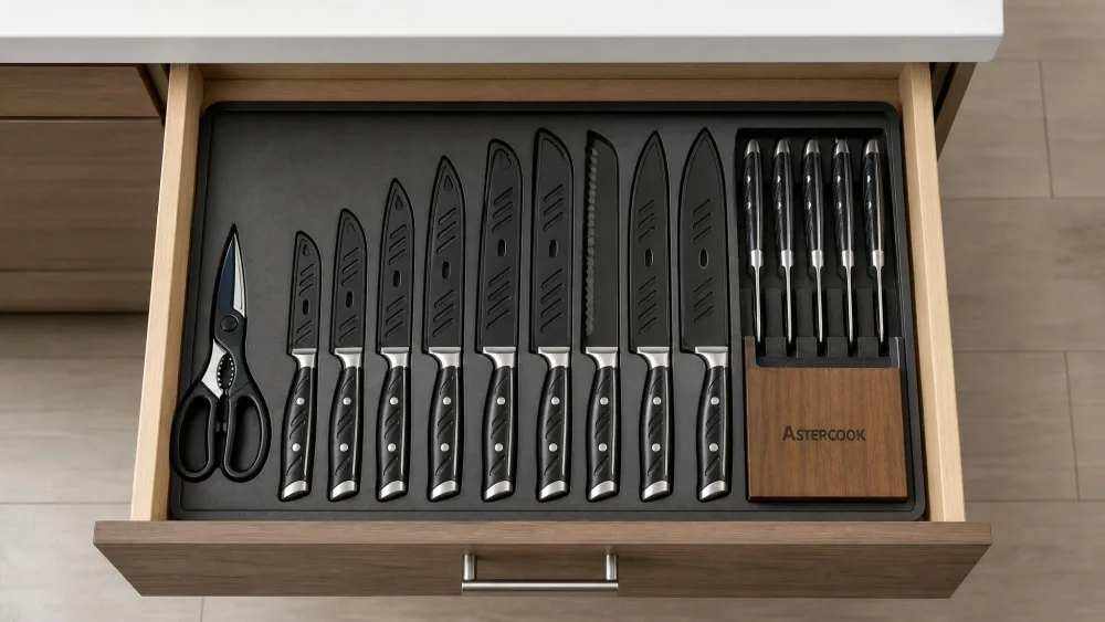 Astercook 13-piece knives with blade guards in a drawer.