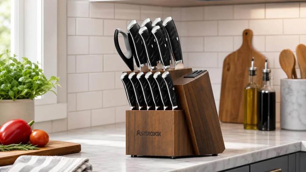 The Astercook 15-piece block set on a kitchen counter.