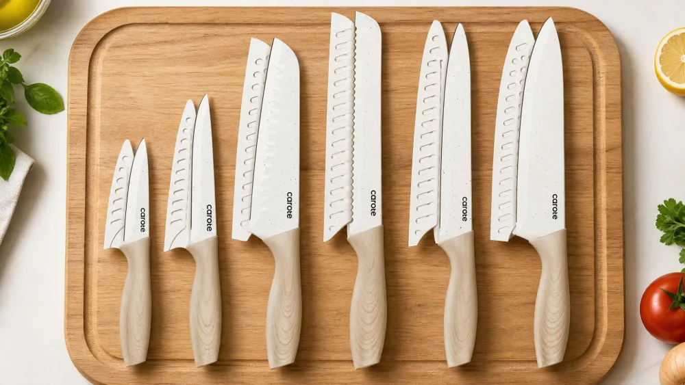 CAROTE knives with wood-grain handles on a cutting board.