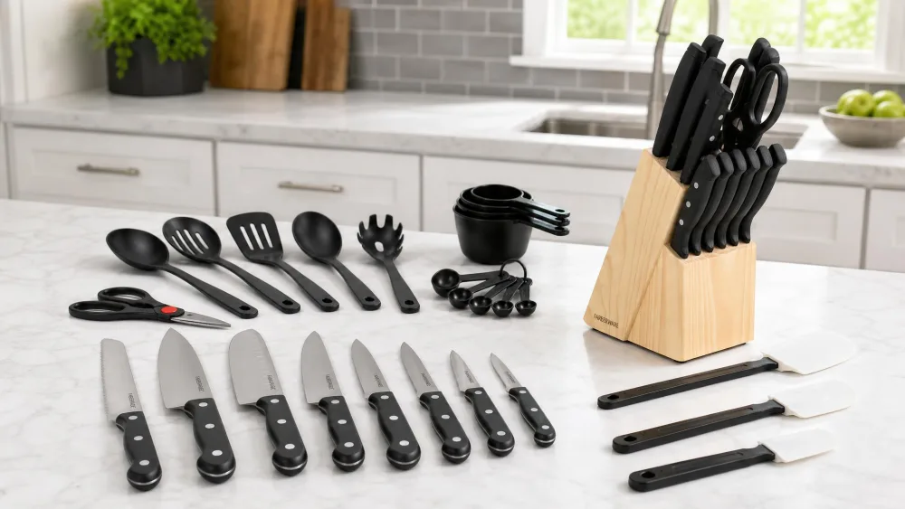 The full Farberware 22-piece set spread on a counter.