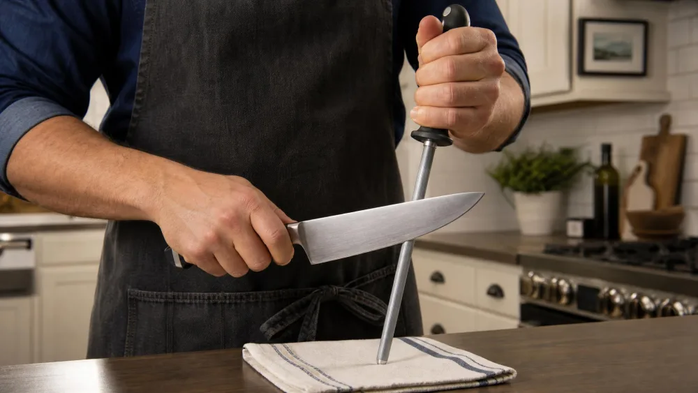 A chef's knife being honed on a steel in a home kitchen.