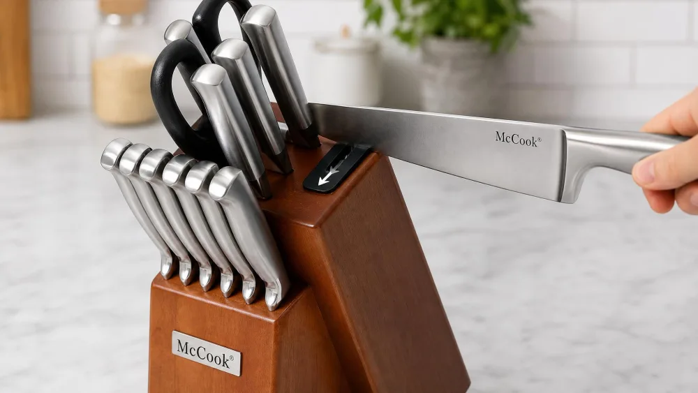 A knife pulled through the McCook block's built-in sharpener.