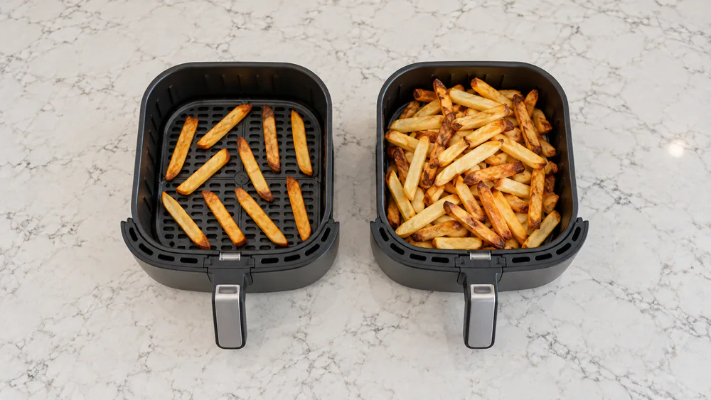 Two air fryer baskets side by side, one holding fries in a single even layer and golden, the other heaped with fries showing pale and overbrowned pieces