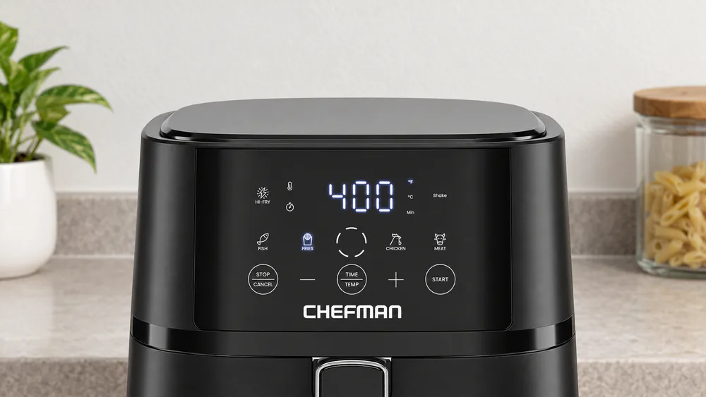 Close-up of the Chefman Compact 4-Quart Hi-Fry touchscreen showing the time, temperature and Hi-Fry button lit up on a dorm-style kitchenette counter