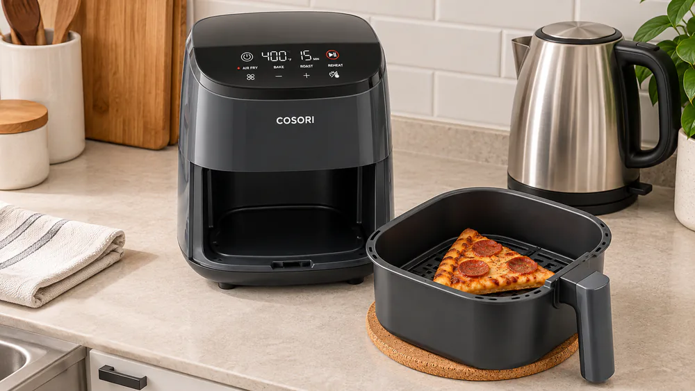 A COSORI Lite 2.1-Quart Mini air fryer on a tiny apartment counter next to a kettle, its basket holding a single reheated pizza slice with melted cheese
