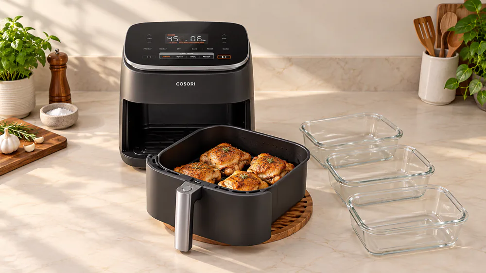 A COSORI TurboBlaze 6-quart air fryer basket filled with roasted chicken thighs in a single layer, with three meal-prep containers waiting beside it on the counter