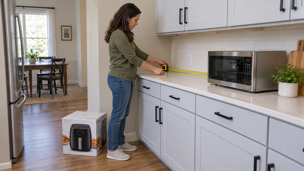 A student measuring the gap between a wall outlet and a microwave on a narrow kitchen counter with a tape measure, an air fryer box waiting on the floor