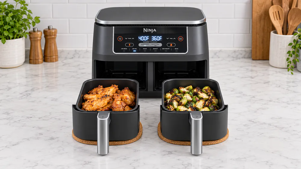 A Ninja Foodi DualZone DZ201 with both drawers pulled out on a shared kitchen counter, wings in the left basket and roasted vegetables in the right