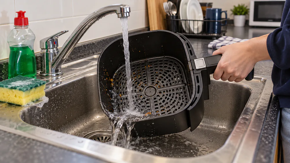 A nonstick air fryer basket being rinsed under a tap in a shared student kitchen sink, with a soft sponge and dish soap beside it