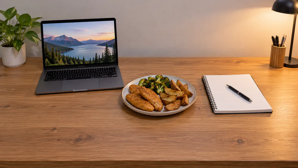 A plated student dinner of air-fried chicken tenders, crisp potato wedges and roasted broccoli on a desk next to a laptop and notebook