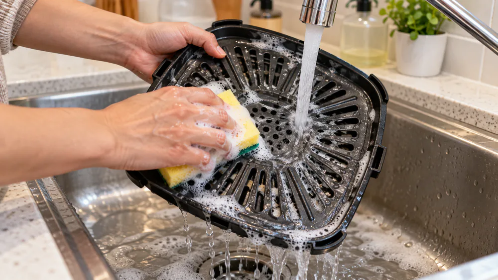 A ceramic-coated air fryer crisper plate being washed with a soft sponge in a small apartment sink, warm soapy water running over the grooves and holes
