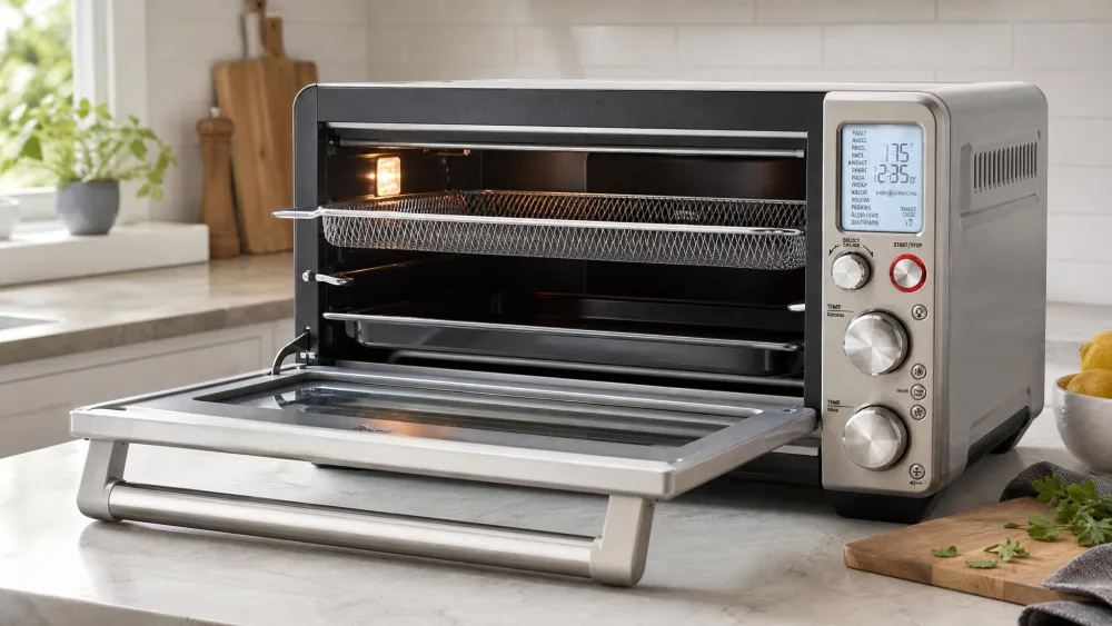The Breville Smart Oven Air Fryer Pro on a countertop with its door open, the mesh air-fry basket rack sitting on the top rack position.
