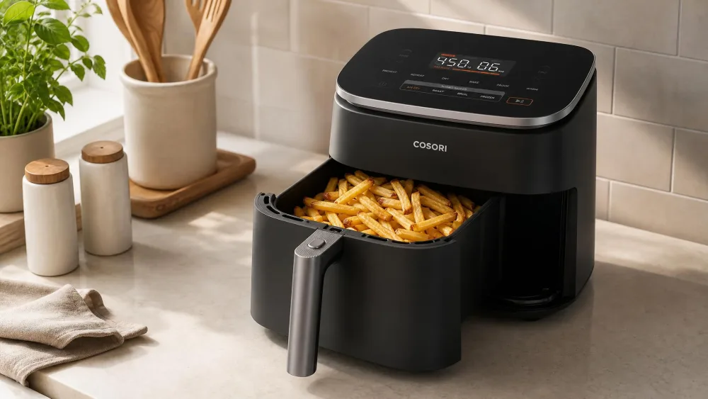 A Cosori TurboBlaze 6-quart drawer sitting on a counter with a batch of golden fries, the square ceramic basket visible in profile.