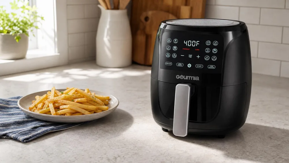 The compact Gourmia GAF486 on a small kitchen counter next to a dinner plate holding a single serving of fries.