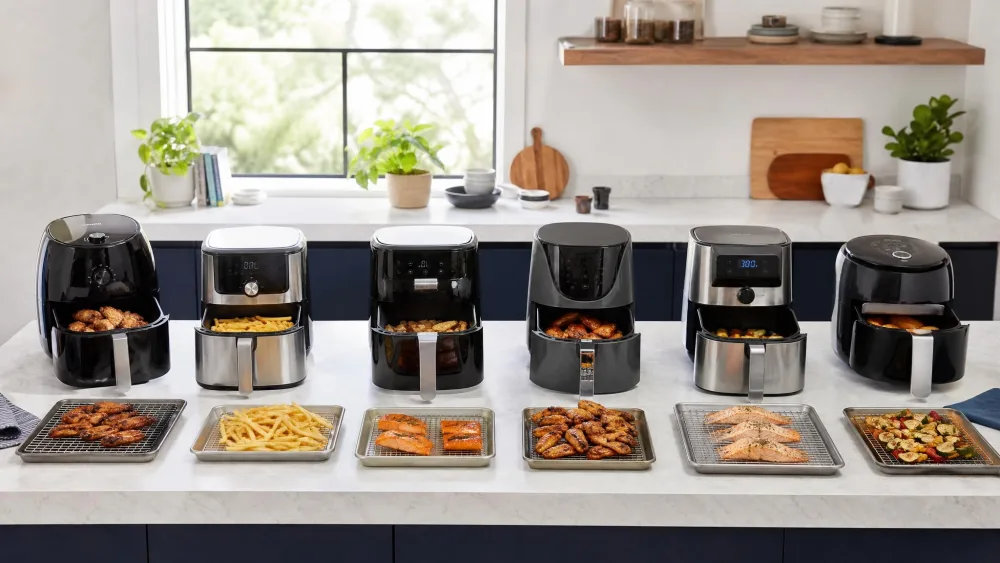 Our test kitchen bench with six air fryers lined up mid-evaluation, trays of wings, fries, and salmon at different stages of cooking.