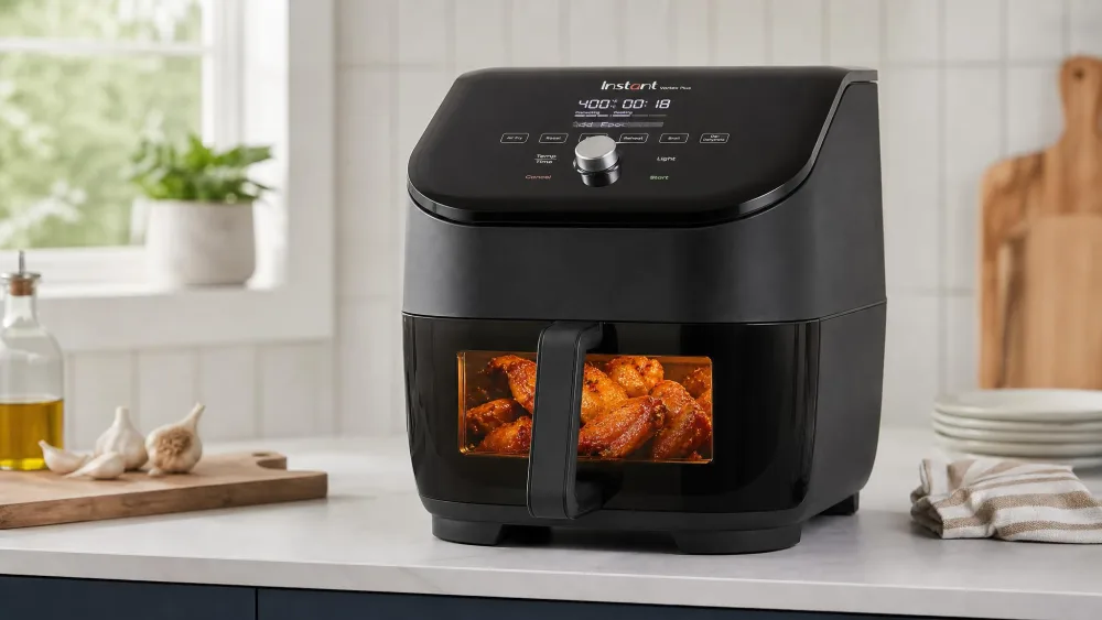 A close-up of the Instant Pot Vortex Plus ClearCook window during a wing batch, the interior light showing golden wings through the glass.