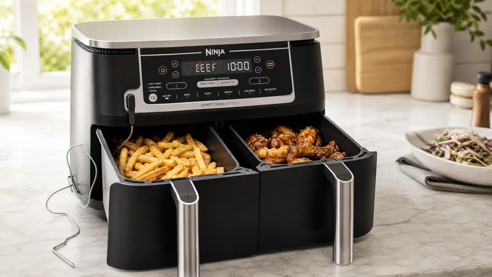 Two Ninja Foodi DZ550 baskets side by side, one holding golden fries and the other glazed wings, both finished at the same moment.