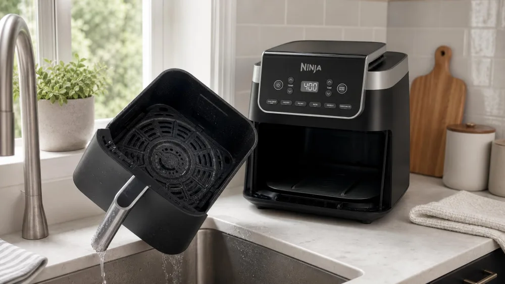 A Ninja Air Fryer Max XL basket and crisper plate sliding out of the unit in one piece, held over a kitchen sink after a wing batch, the nonstick surface rinsed clean.