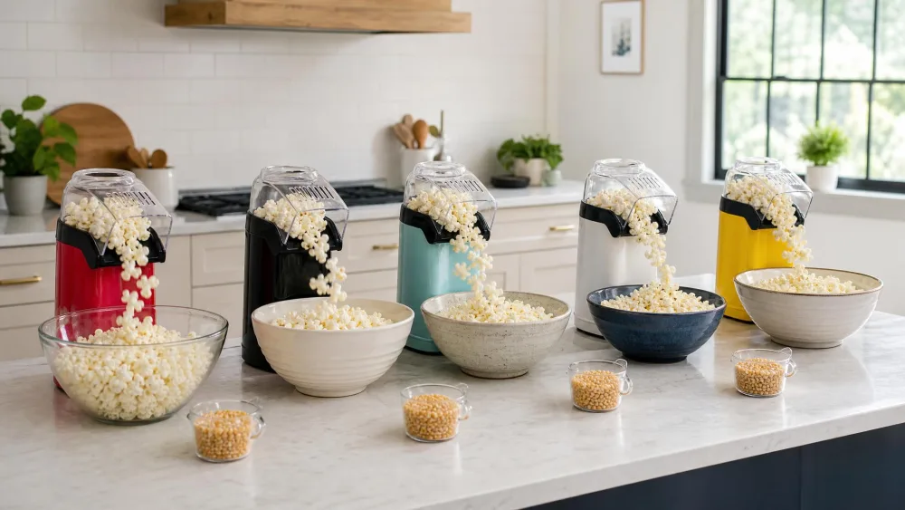 Five air poppers lined up on a kitchen counter mid-test, with popcorn firing from a Presto chute into a large mixing bowl and measuring cups of kernels beside each machine