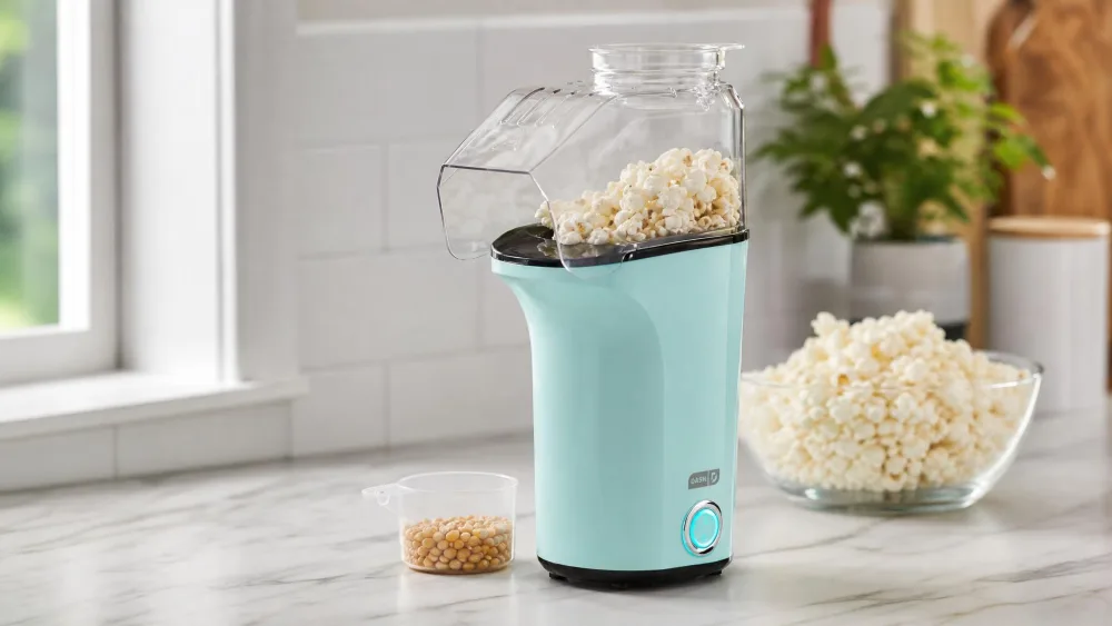 The aqua Dash Fresh Pop on a small kitchen counter with its one-touch button lit and a compact measuring cup of kernels beside it