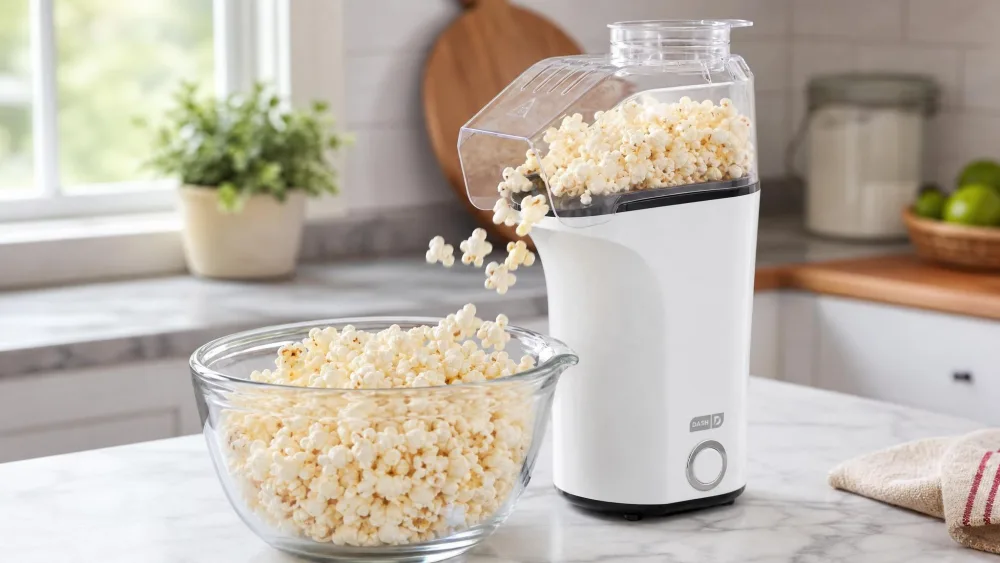A white Dash Fresh Pop popping corn into a 5-quart mixing bowl parked next to the machine on a kitchen counter