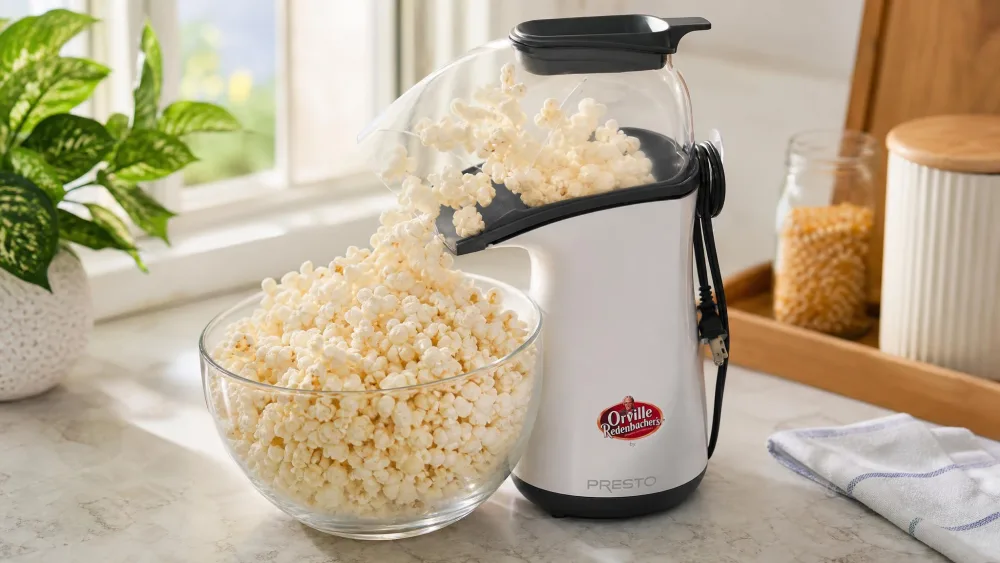 The Presto 04821 Orville Redenbacher's air popper firing an 18-cup batch of popcorn into a large bowl held tight against the chute