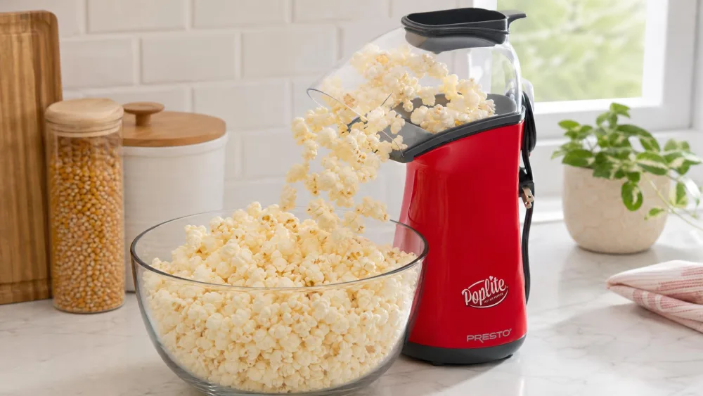 The red Presto 04863 PopLite directing popcorn from its chute into a wide bowl pushed tight against the machine