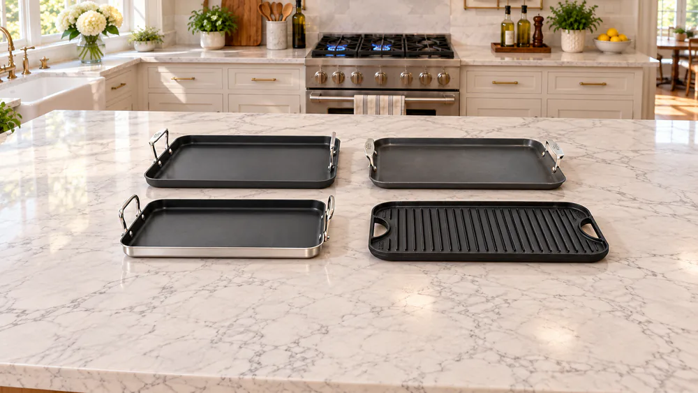 Four double burner griddles lined up on a kitchen counter next to a gas range with two adjacent burners lit, showing the different pan shapes and sizes