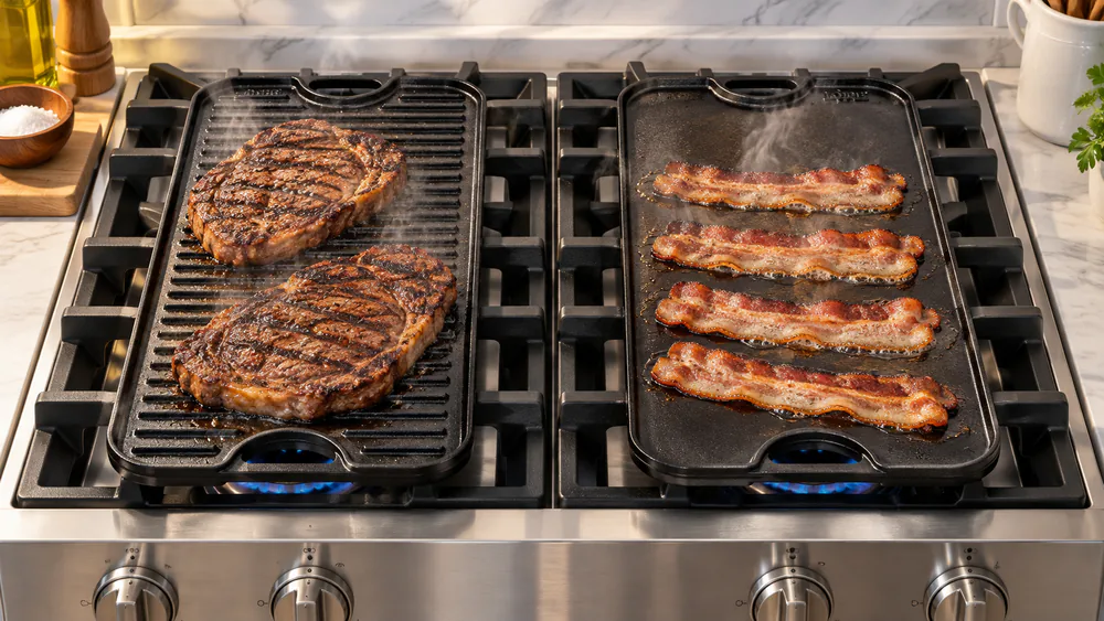 A Lodge Pro-Grid cast iron griddle on a gas stove with two steaks searing on the ridged grill side and bacon on the flat side