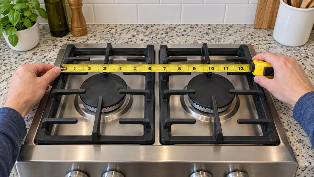 A tape measure stretched across two adjacent gas burner grates on a range to check spacing before buying a double burner griddle