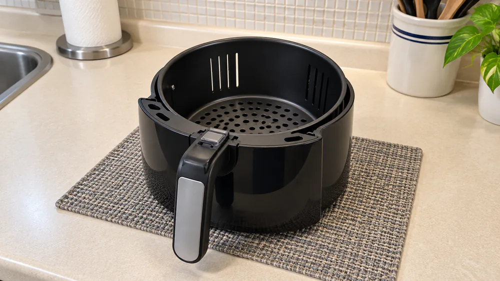 Empty Ambiano GT-AF-02-US basket and attached handle resting on a heat-resistant mat for inspection