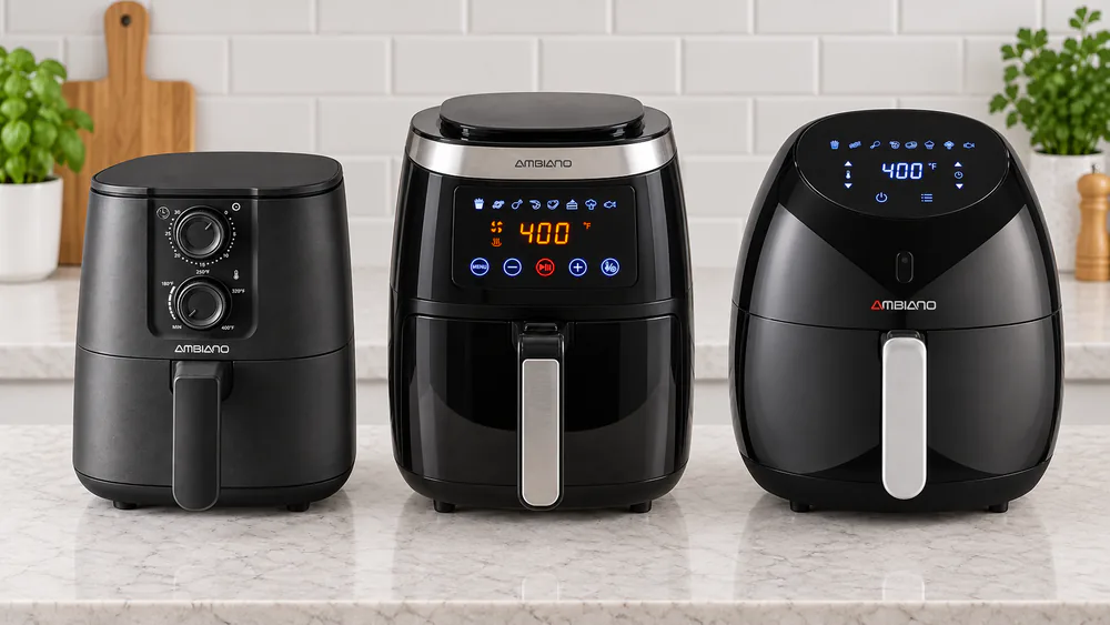 Three Ambiano air fryers in different sizes lined up on a kitchen counter