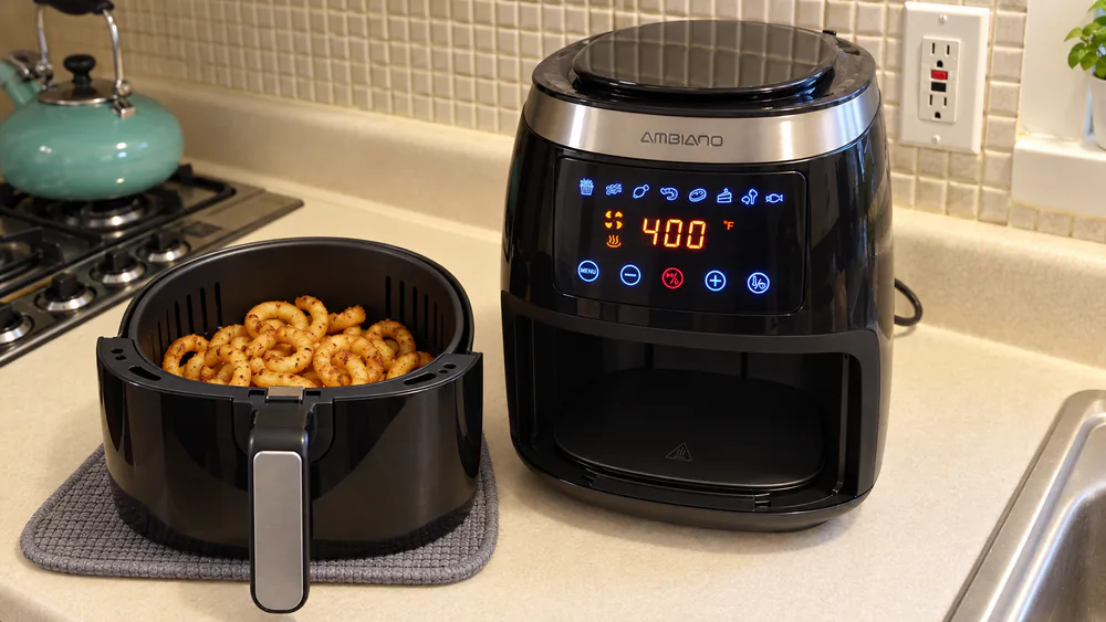 A basket of crisp curly fries pulled from an Ambiano digital air fryer with the 8 preset touch panel visible in the background