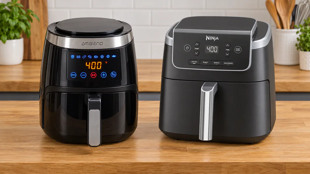 An Ambiano 2.6L digital air fryer and a Ninja AF141 5 qt air fryer side by side on a kitchen counter