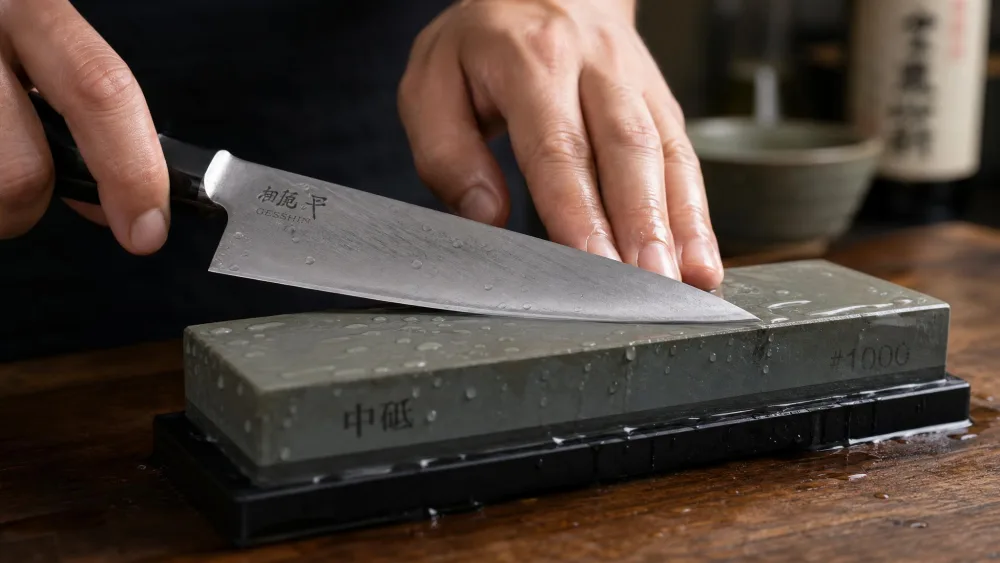 A chef's knife held at a low sharpening angle against a wet whetstone, the spine visibly lifted and water beading on the stone.