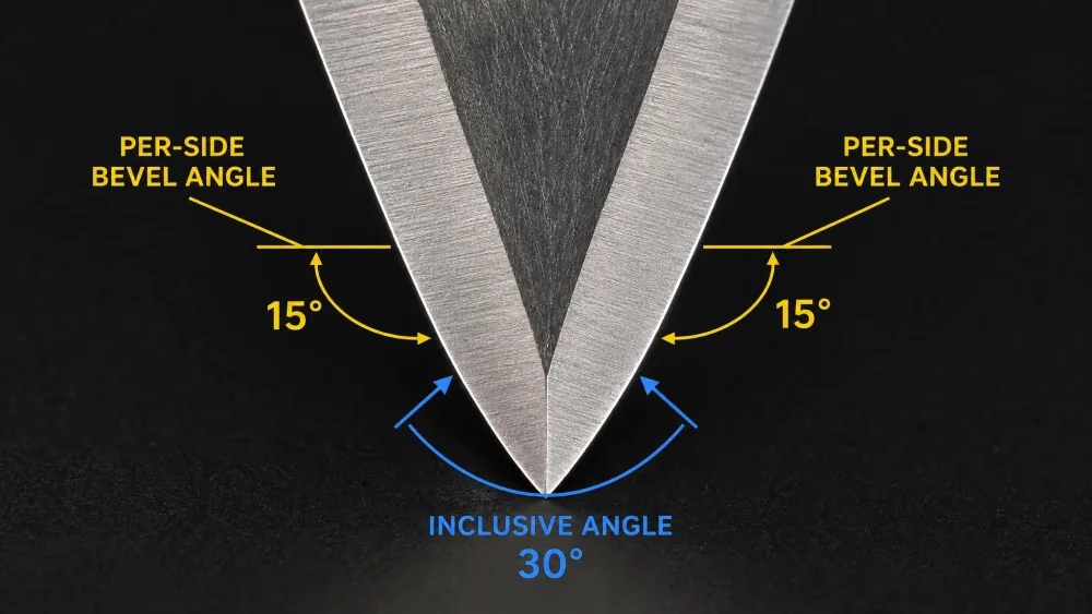 A close-up of a knife edge cross-section showing the per-side bevel angle and the wider inclusive angle across the full edge.