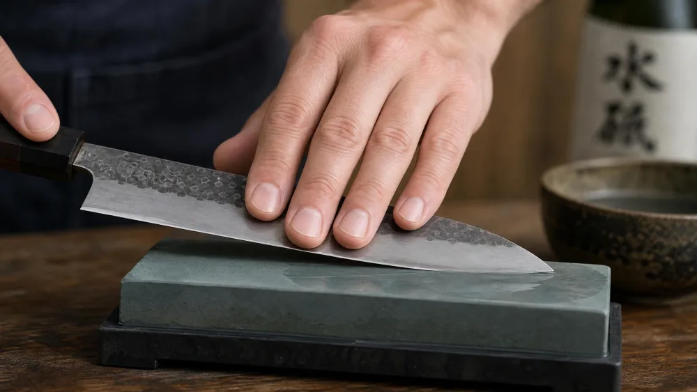 A hand holding a knife spine at a steady height above a whetstone, fingers guiding the blade at a fixed sharpening angle.