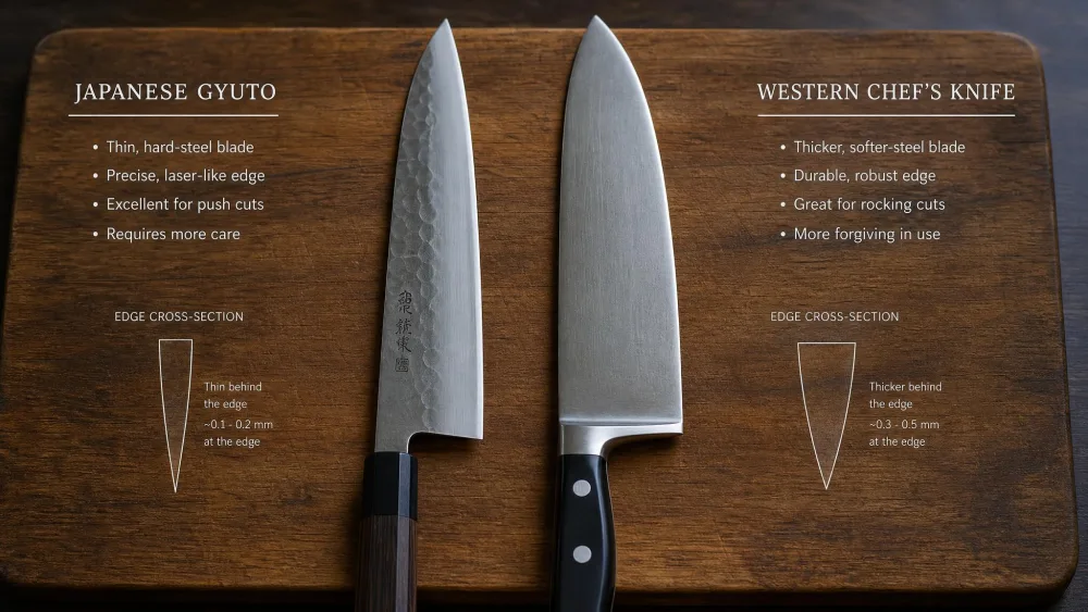 A Japanese gyuto and a Western chef's knife side by side on a wooden board, comparing a thin hard-steel edge with a heavier Western edge.