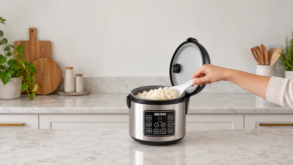 Aroma ARC-150SB 20-cup cooker on a kitchen counter with the lid open, showing a large batch of cooked jasmine rice being fluffed with a spatula
