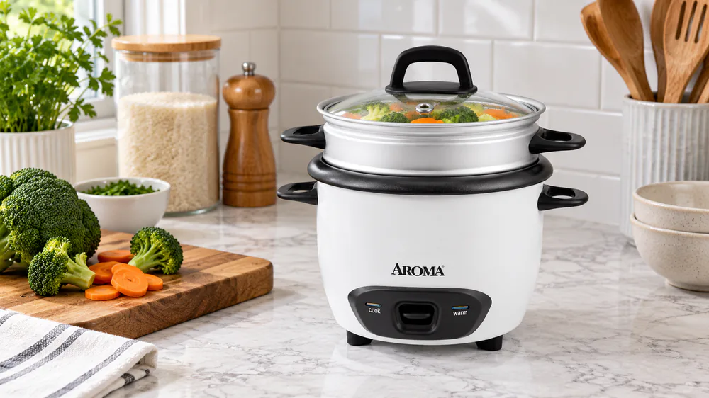 Compact Aroma ARC-743-1NG 3-cup cooker on a small apartment counter with a glass lid, rice cooking below and a few vegetables steaming on the tray
