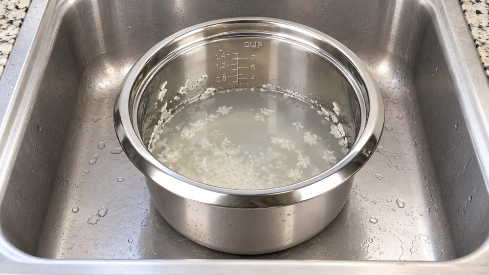 Uncoated 304 stainless steel inner pot from the Aroma ARC-757SG filled with water and soaking in a kitchen sink, rice residue loosening from the walls