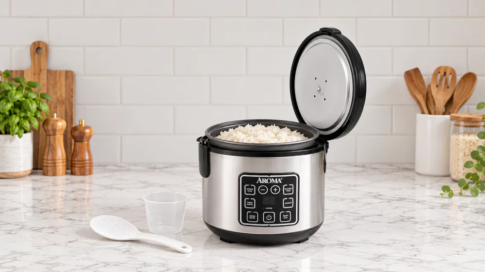 Open Aroma ARC-914SBD digital cooker showing fluffy white jasmine rice in the nonstick pot beside the supplied measuring cup and spatula